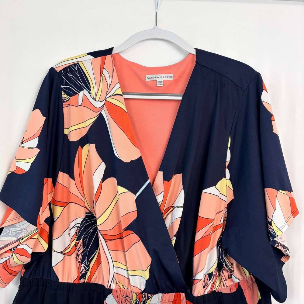 Sandra Darren Floral Faux Wrap Dress 24W Navy Coral Excellent